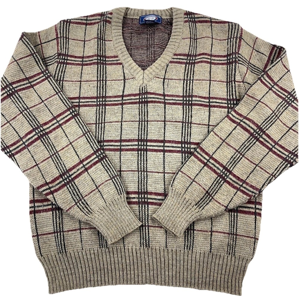 Vintage Grandpa Sweater Men XL Brown Plaid Wool Blend Knit V Neck 90s Y2K Golf
